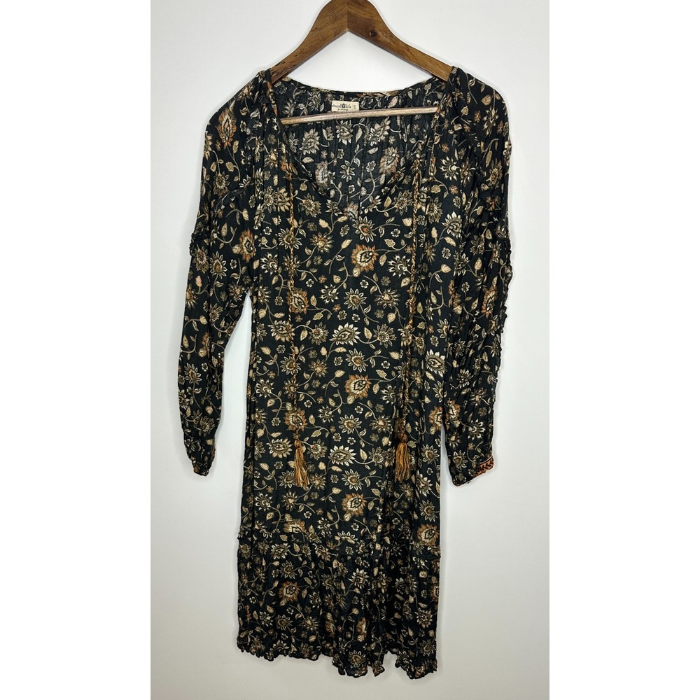 Natural Life Floral Tassel Long Sleeve Boho Shift Dress Small Ruffle Boho Fall - Picture 3 of 13
